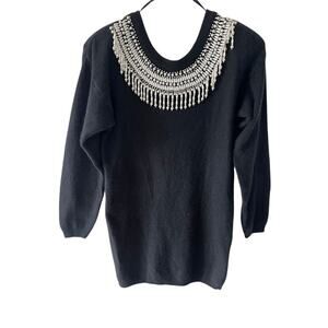 Vintage Contempo Casuals Black Pearl Neckline Knit Tunic Sweater M Long Sleeve